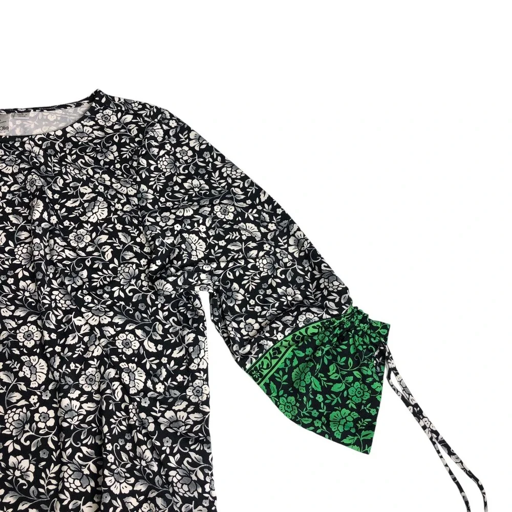 Linea by Louis Dell'Olio Top Large Floral Ruched Sleeve Liquid Knit Artsy Boho